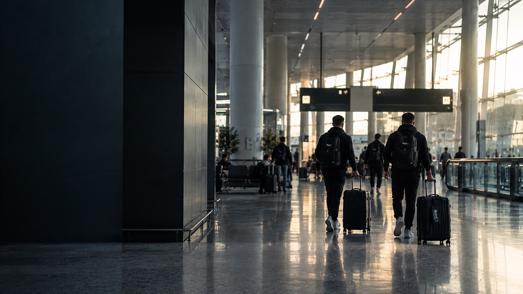 Due atleti con i trolley Betel attraversano il terminal di un aeroporto
