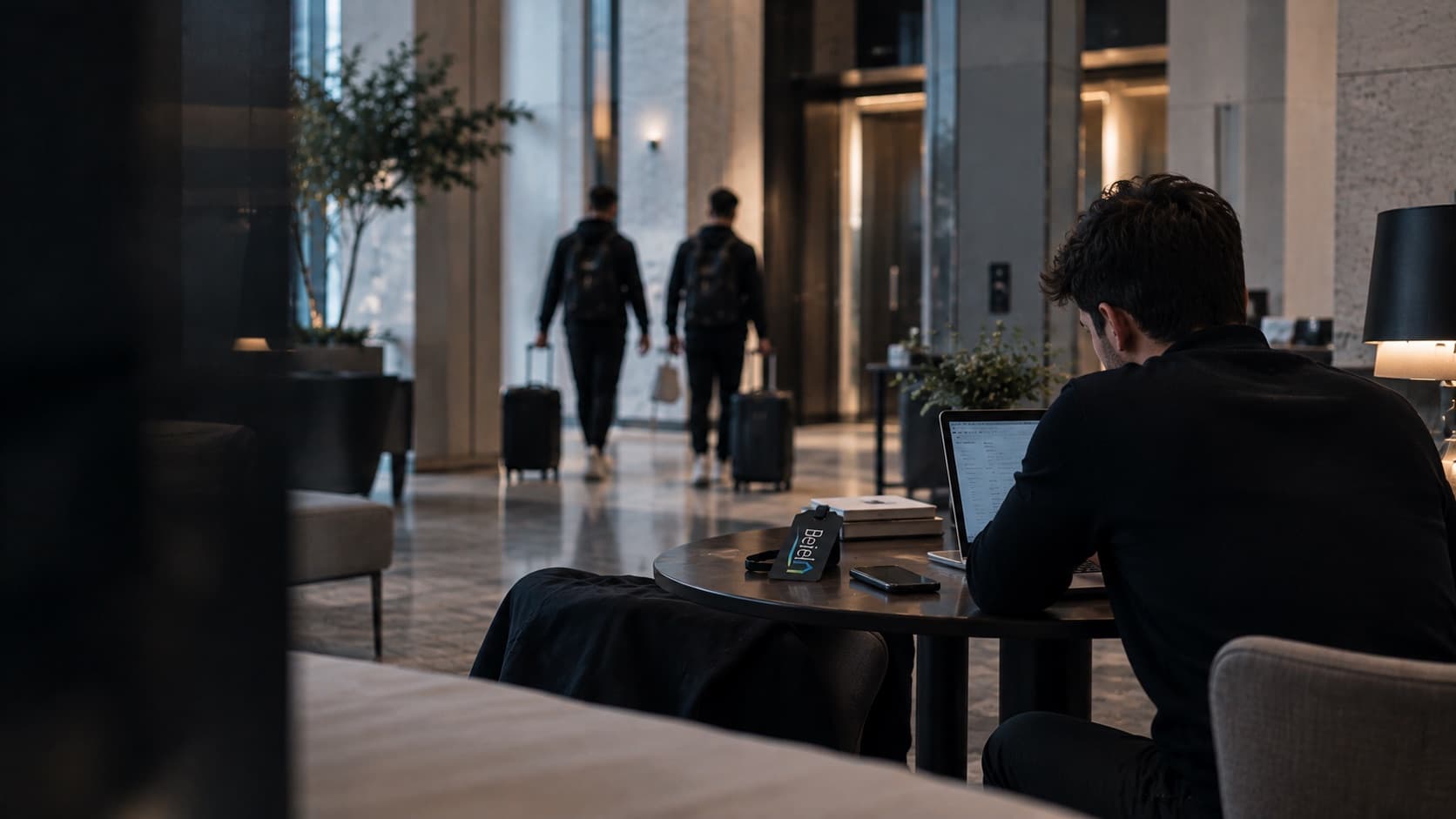 Coordinatore Betel al lavoro nella lobby mentre la squadra raggiunge le camere